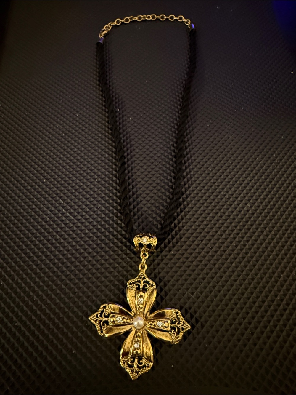 Gold-tone Filigree Cross Pendant Necklace in Black